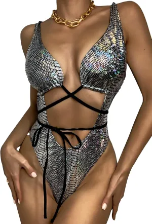 Women's Metallic Snakeskin One Piece Swimsuits Rave Outfit Bathing Suits