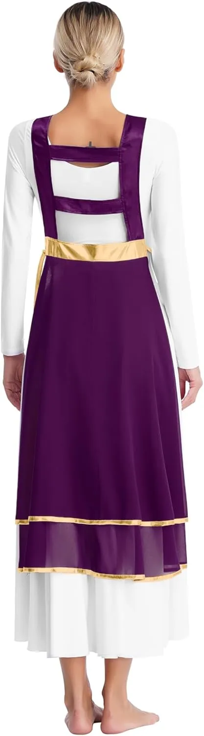 Womens Praise Dance Tunic Overlay Tunic Lace-up Sides Split Sleeveless Liturgical Worship Dress