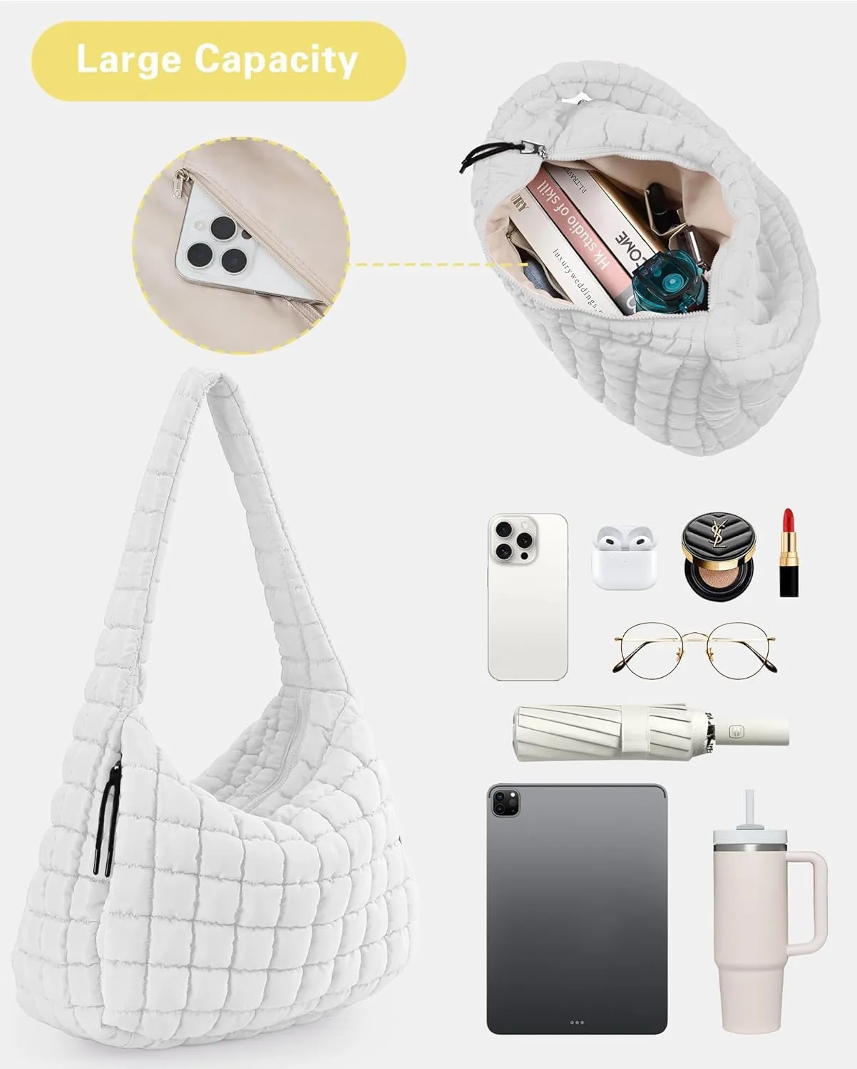Womens Puffy Tote Bag Puffer Shoulder Bags Quilted Crossbody Bag, White