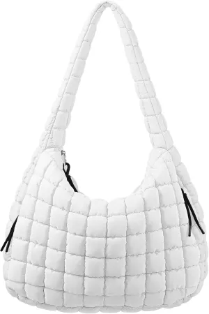 Womens Puffy Tote Bag Puffer Shoulder Bags Quilted Crossbody Bag, White