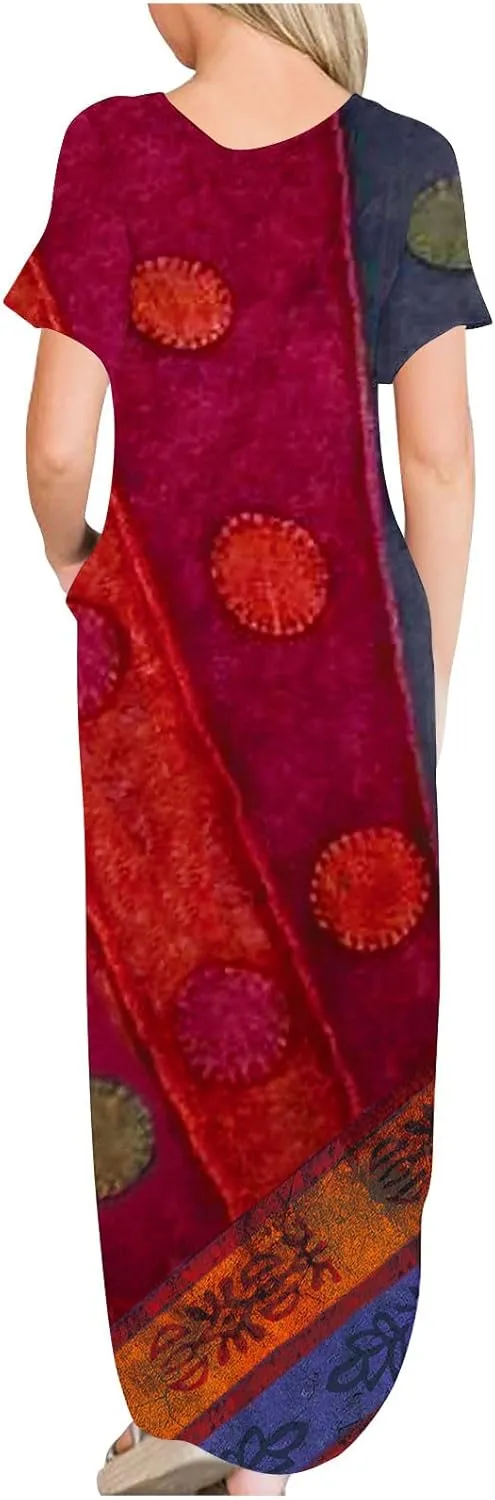 Womens Short Sleeve Trendy Maxi Dresses Boho Floral Print Dresses A Line Casual Comfortable Sundress