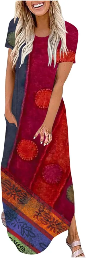 Womens Short Sleeve Trendy Maxi Dresses Boho Floral Print Dresses A Line Casual Comfortable Sundress
