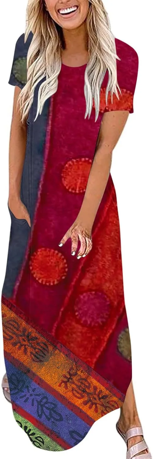 Womens Short Sleeve Trendy Maxi Dresses Boho Floral Print Dresses A Line Casual Comfortable Sundress