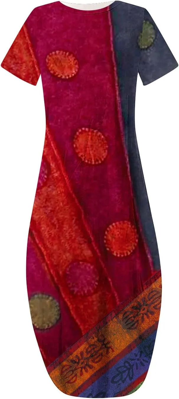 Womens Short Sleeve Trendy Maxi Dresses Boho Floral Print Dresses A Line Casual Comfortable Sundress