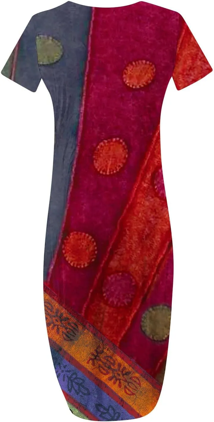 Womens Short Sleeve Trendy Maxi Dresses Boho Floral Print Dresses A Line Casual Comfortable Sundress
