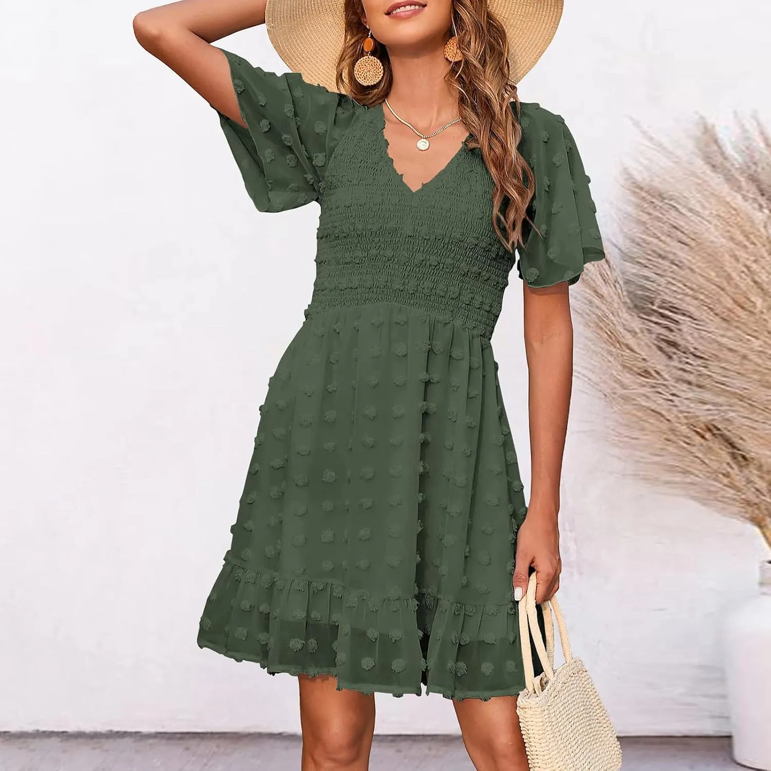 Womens Summer Dresses Short Flutter Sleeve v Neck Dresses Casual Empire Waist A-Line Dresses Mini Vacation Sundresses