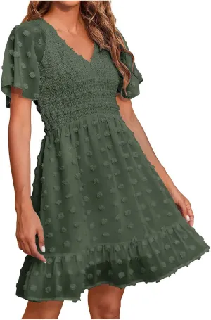 Womens Summer Dresses Short Flutter Sleeve v Neck Dresses Casual Empire Waist A-Line Dresses Mini Vacation Sundresses