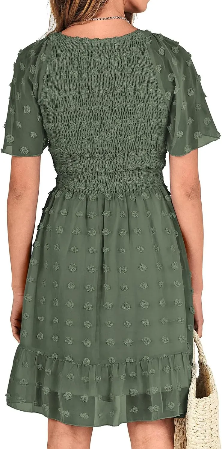 Womens Summer Dresses Short Flutter Sleeve v Neck Dresses Casual Empire Waist A-Line Dresses Mini Vacation Sundresses