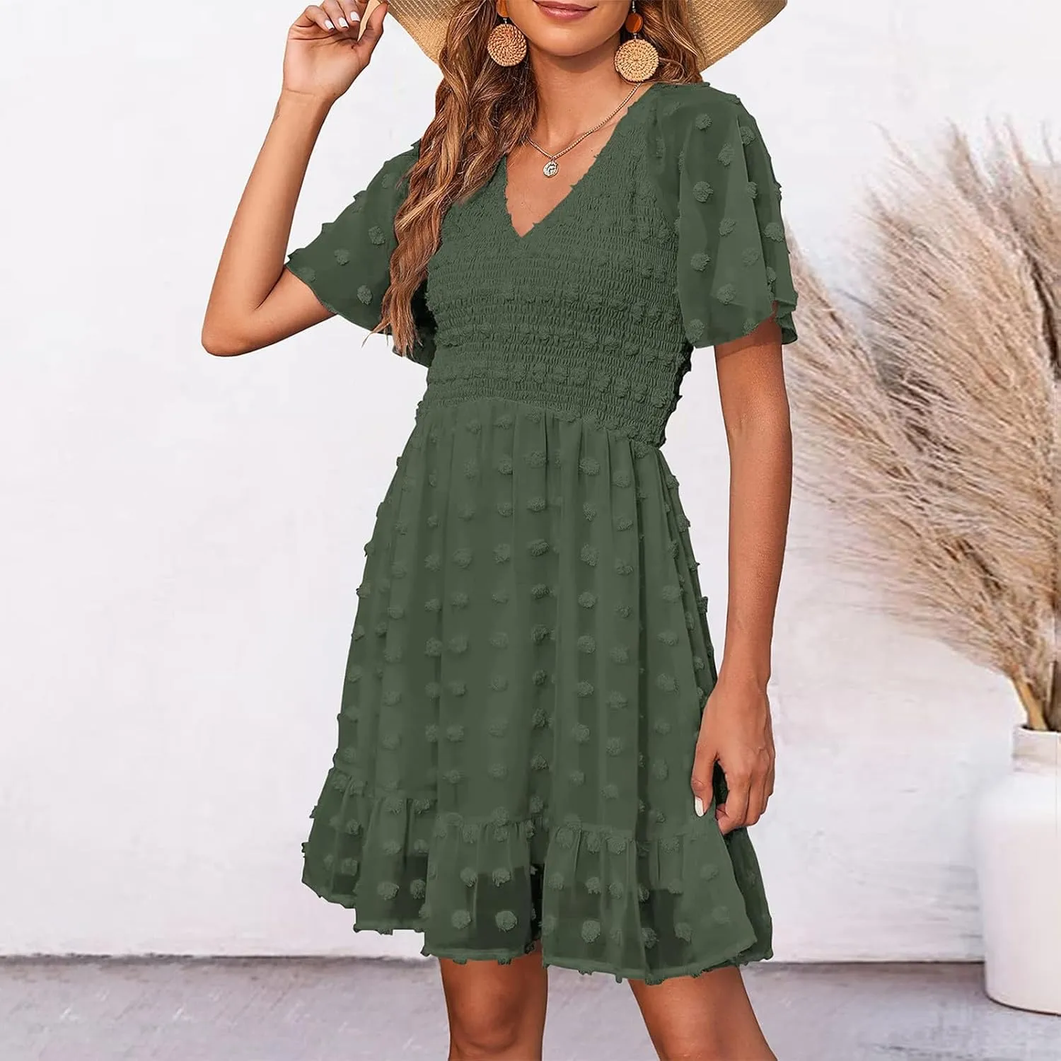 Womens Summer Dresses Short Flutter Sleeve v Neck Dresses Casual Empire Waist A-Line Dresses Mini Vacation Sundresses