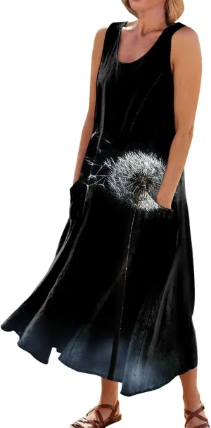 Womens Summer Dresses Sunflower Dresses Sleeveless Scoop Neck Floral Print Maxi Tank Dress Casual Sundress with Pockets