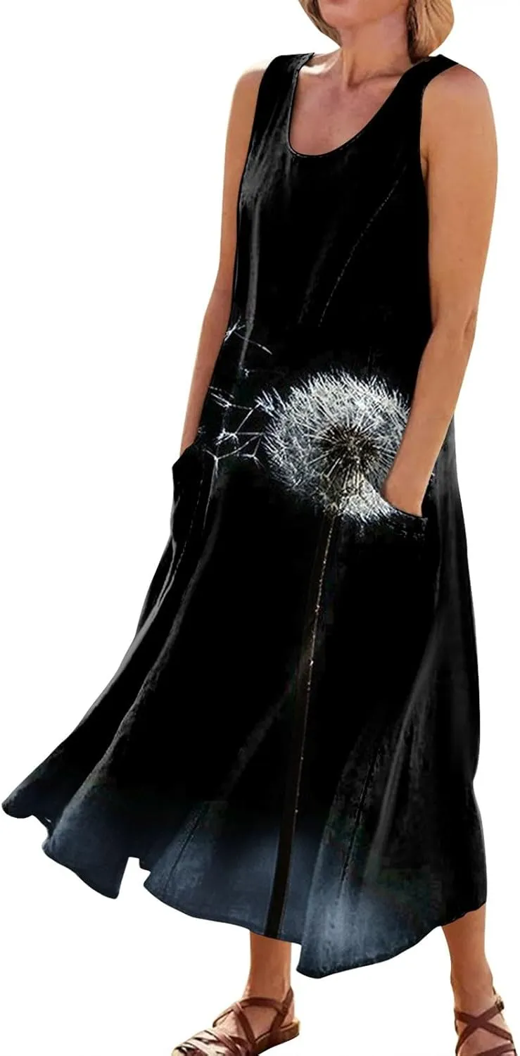 Womens Summer Dresses Sunflower Dresses Sleeveless Scoop Neck Floral Print Maxi Tank Dress Casual Sundress with Pockets