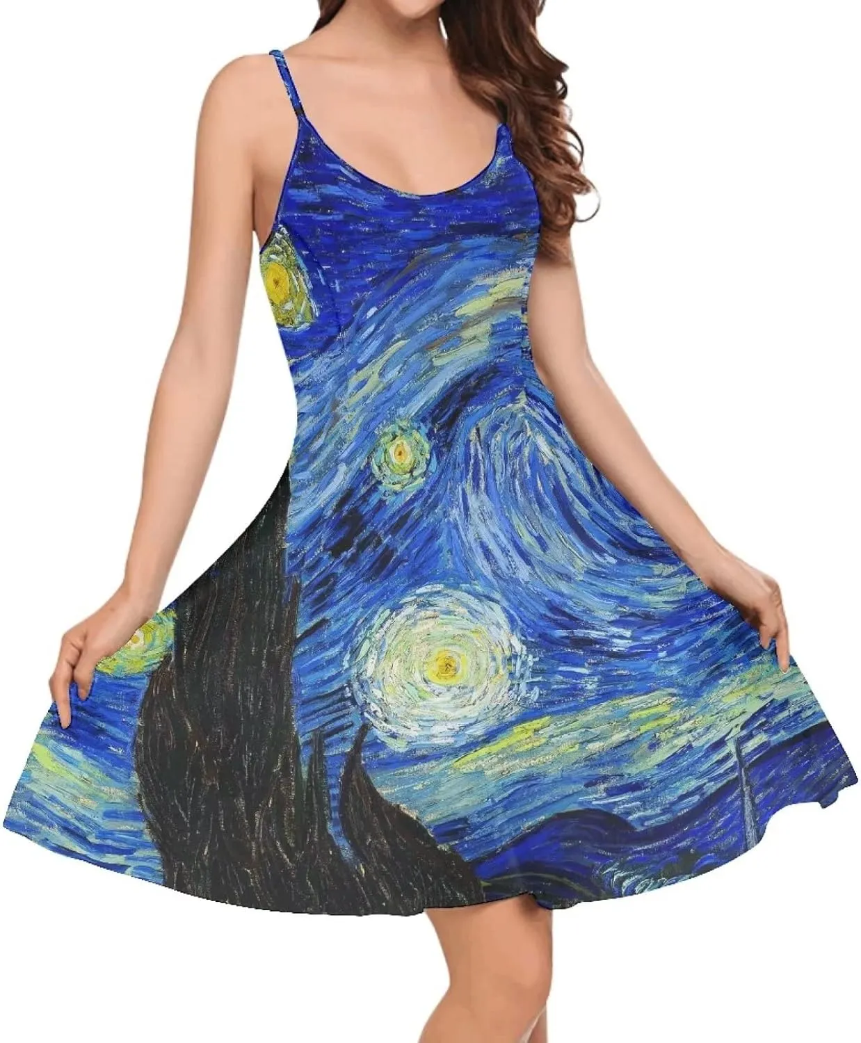 Women's Summer Spaghetti Strap Dress Sleeveless Swing Dress for Beach Party