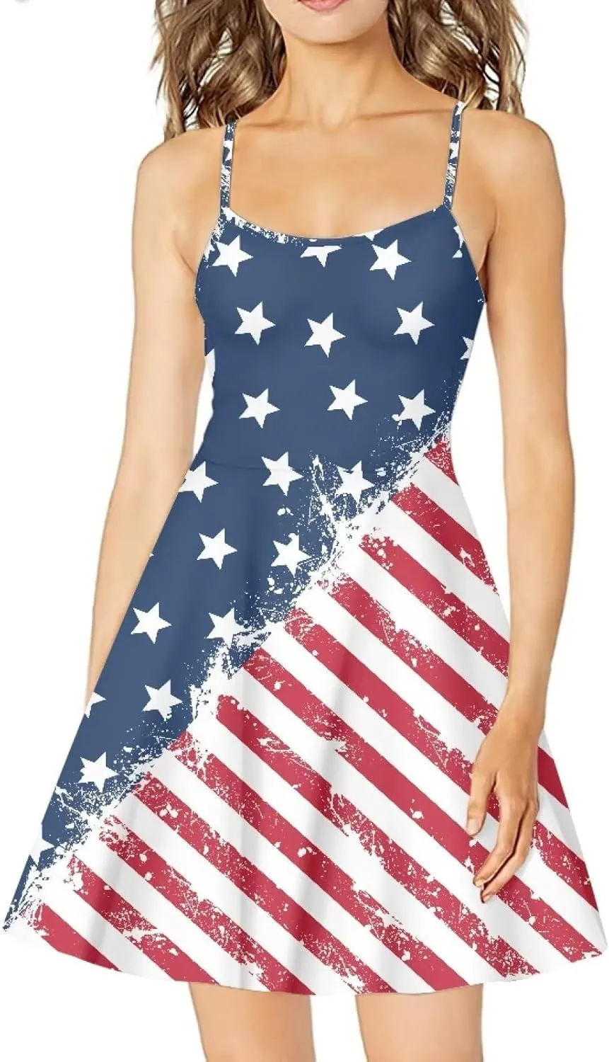 Women's Summer Spaghetti Strap Dress Sleeveless Swing Dress for Beach Party