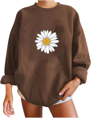 Womens Sunflower Print Sweatshirt Long Sleeve Oversized Hoodies Tops Crewneck Pullover Shirts Trendy Fall Outfits