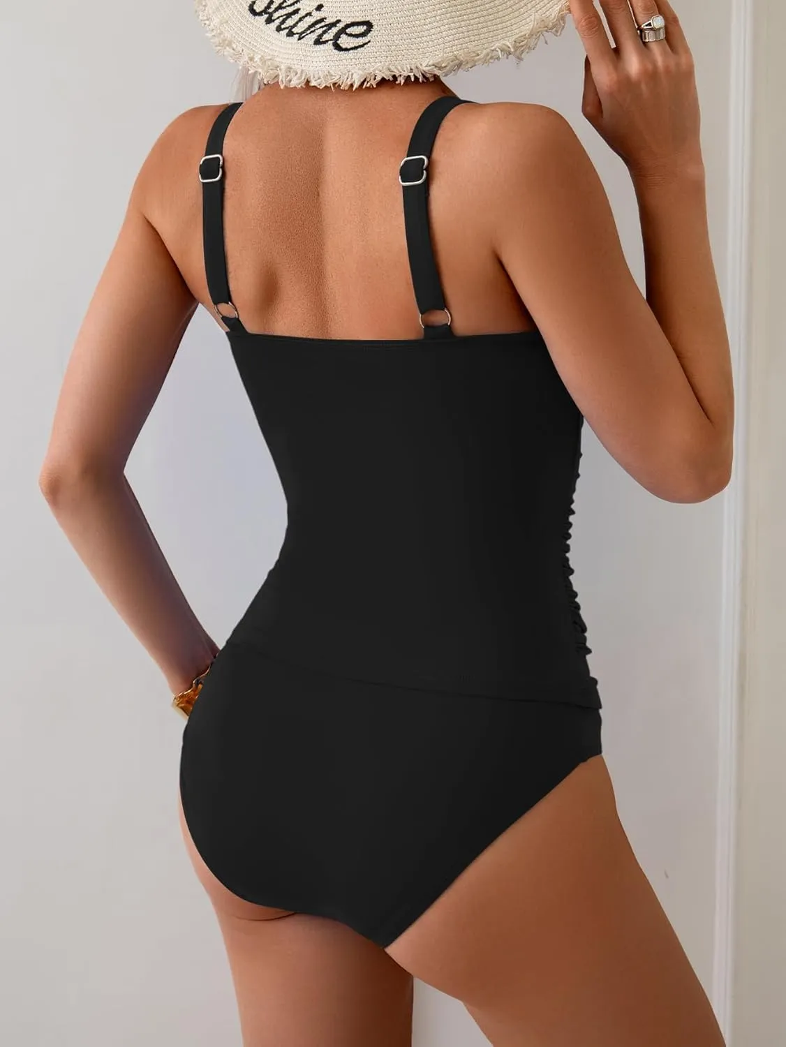 Women's Tummy Control Tankini Set Swimsuit High Waisted Two Piece Bathing Suit V Neck Swimwear