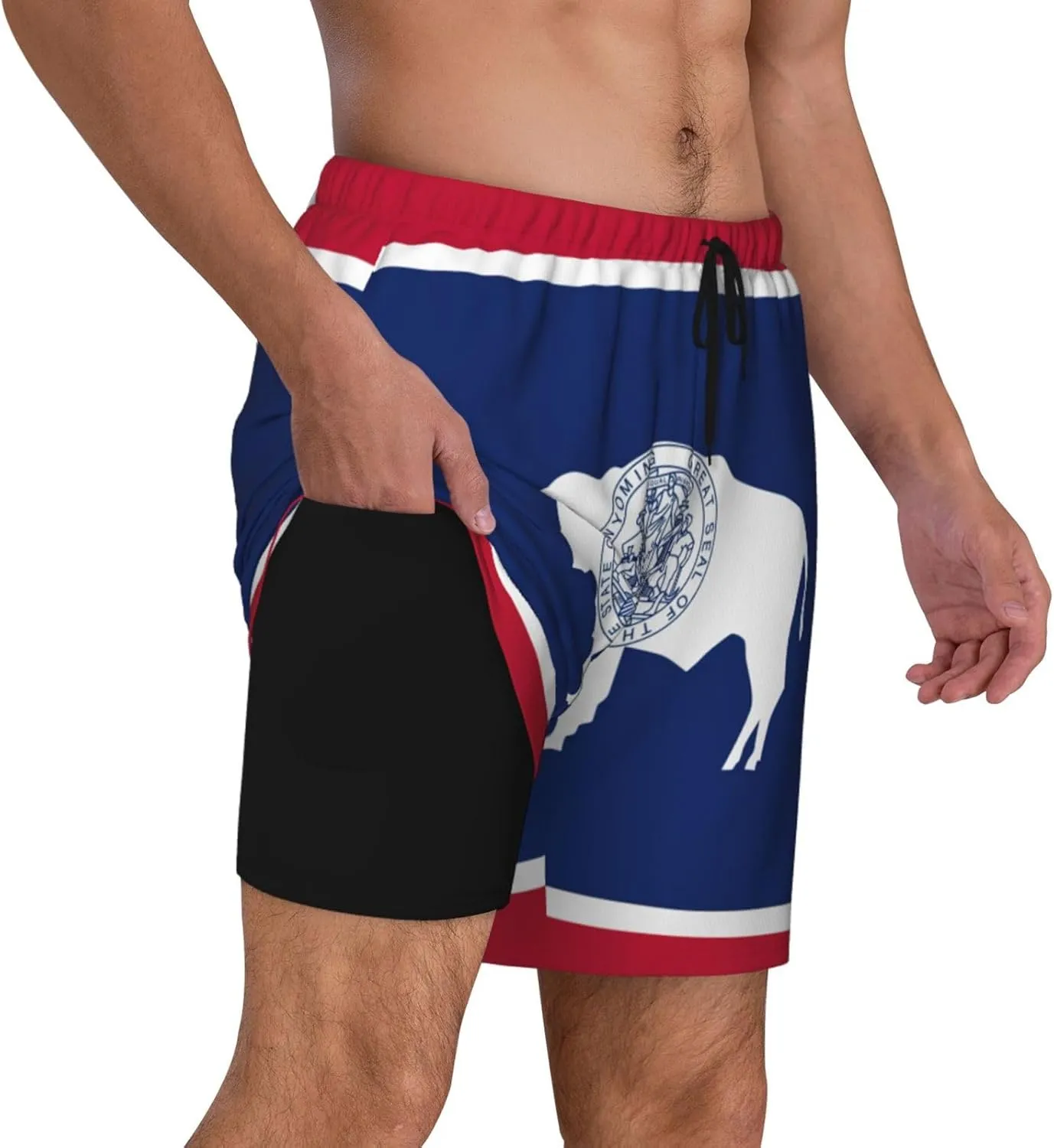 Wyoming State Flag Print Men's Double Layer Swim Shorts, Gym Workout Shorts with Pocket