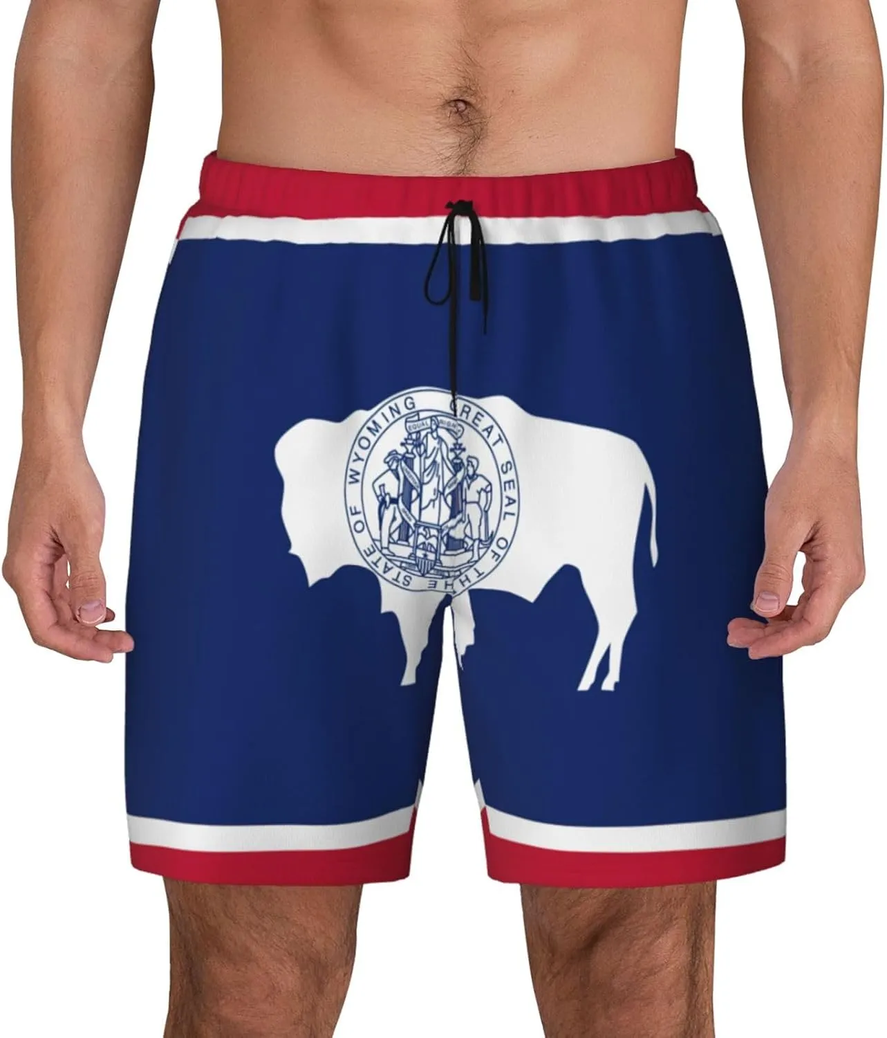 Wyoming State Flag Print Men's Double Layer Swim Shorts, Gym Workout Shorts with Pocket
