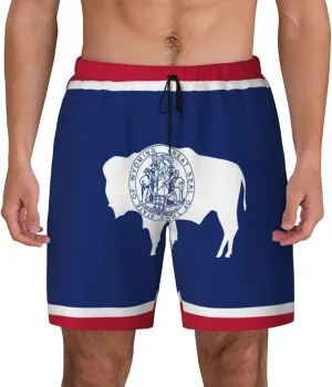 Wyoming State Flag Print Men's Double Layer Swim Shorts, Gym Workout Shorts with Pocket