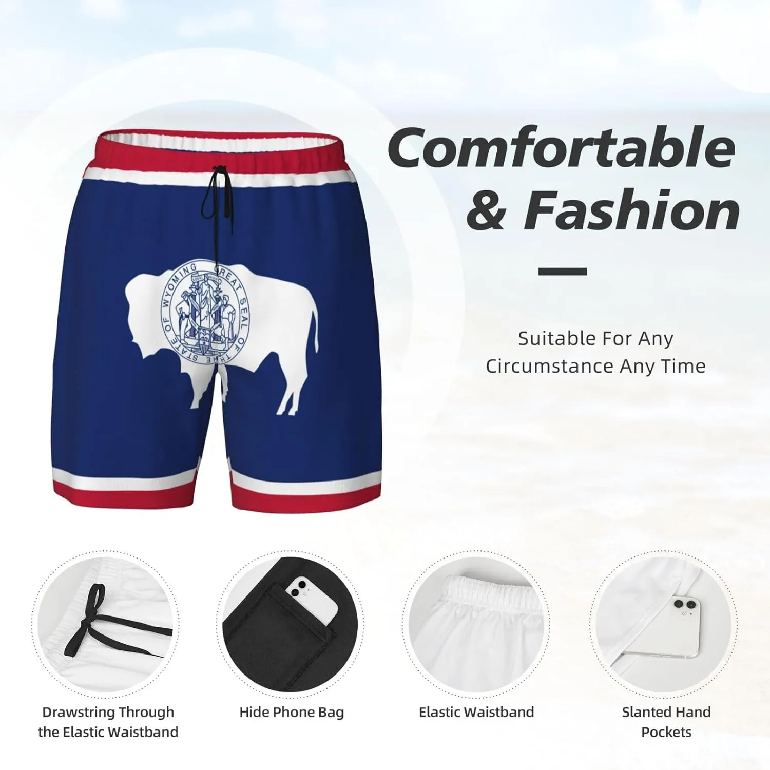 Wyoming State Flag Print Men's Double Layer Swim Shorts, Gym Workout Shorts with Pocket
