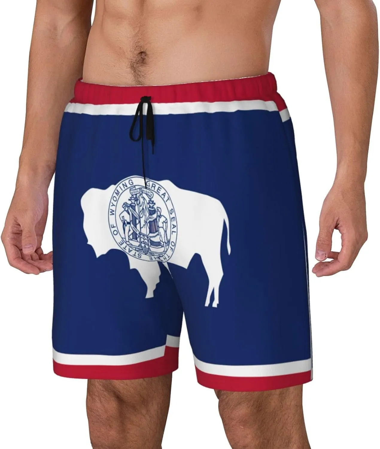 Wyoming State Flag Print Men's Double Layer Swim Shorts, Gym Workout Shorts with Pocket