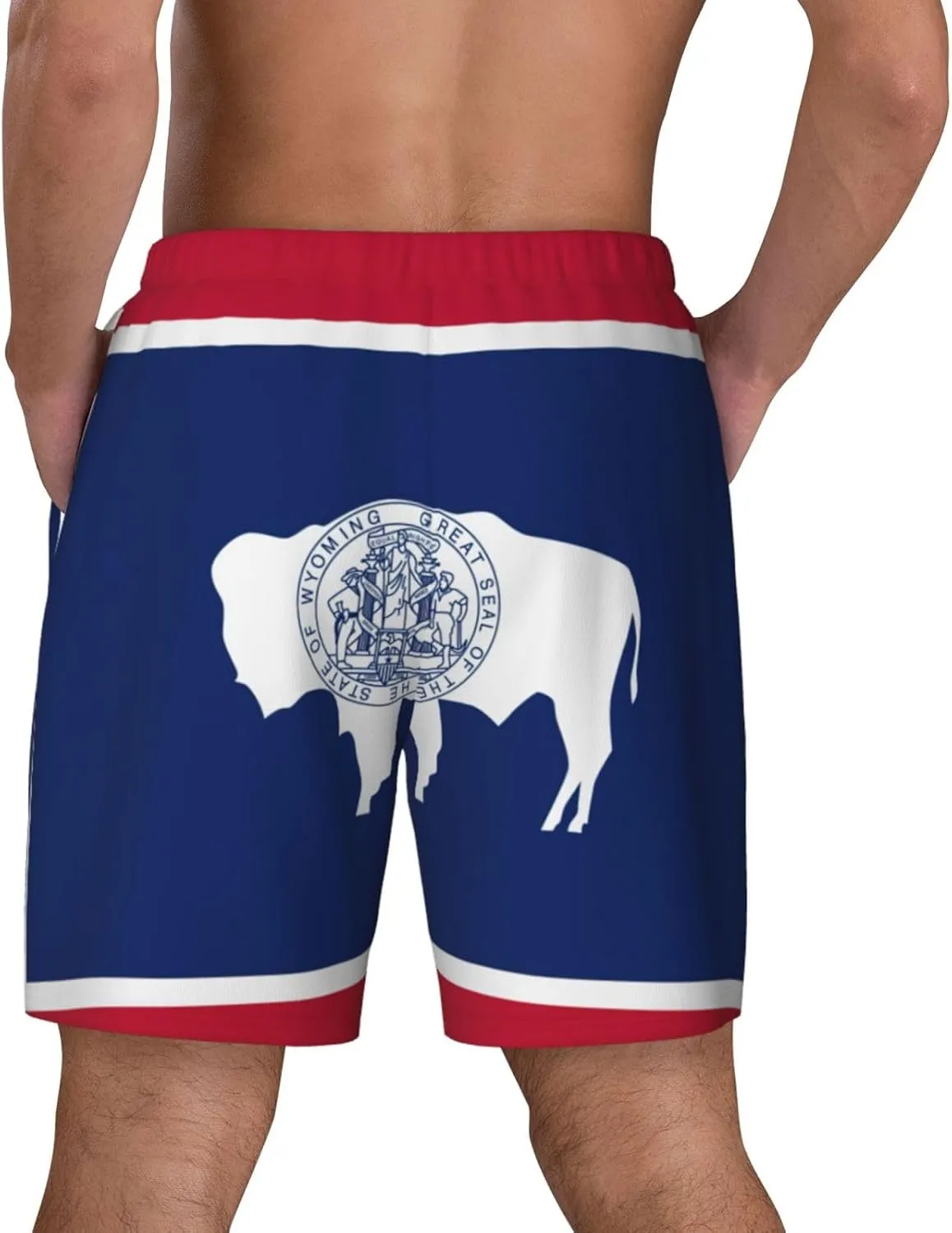 Wyoming State Flag Print Men's Double Layer Swim Shorts, Gym Workout Shorts with Pocket