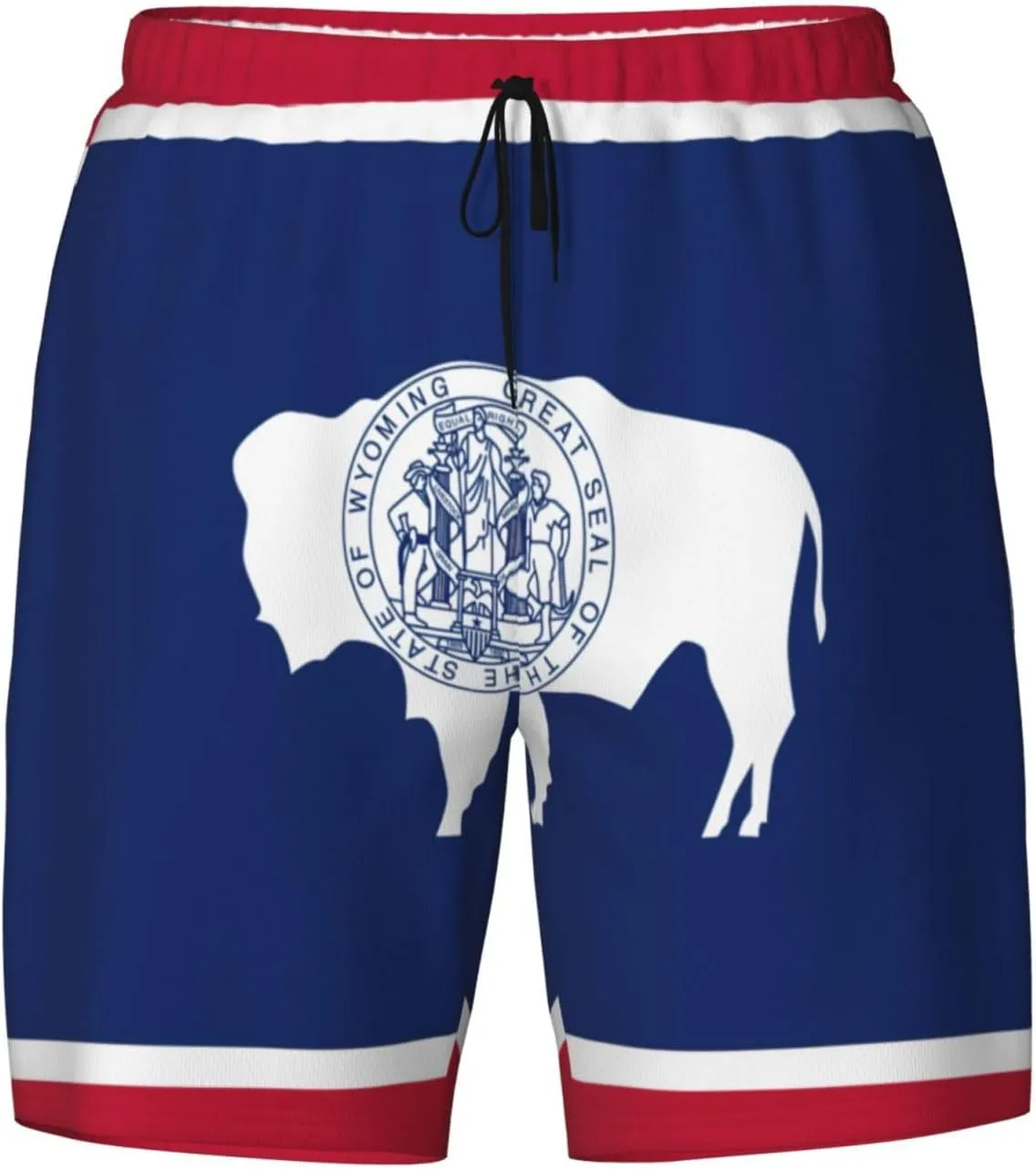 Wyoming State Flag Print Men's Double Layer Swim Shorts, Gym Workout Shorts with Pocket