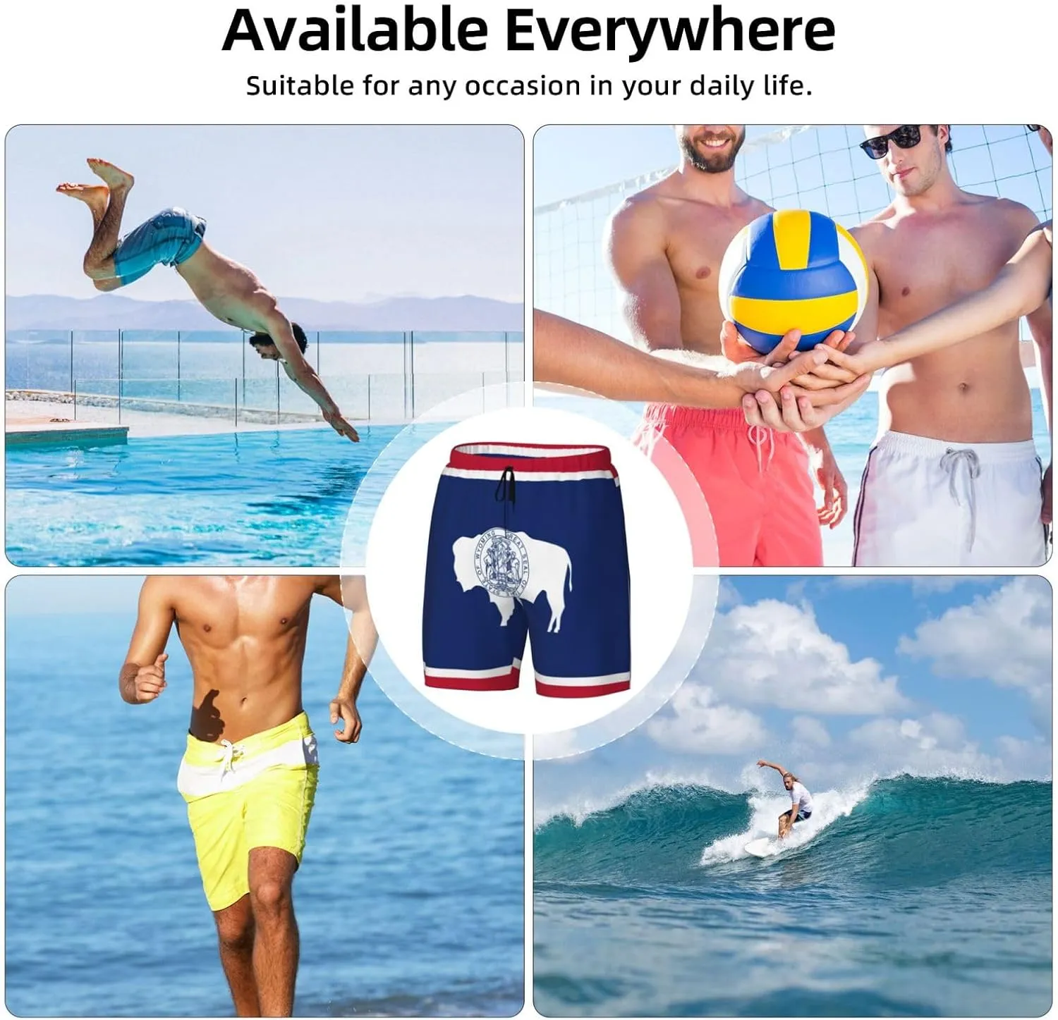 Wyoming State Flag Print Men's Double Layer Swim Shorts, Gym Workout Shorts with Pocket