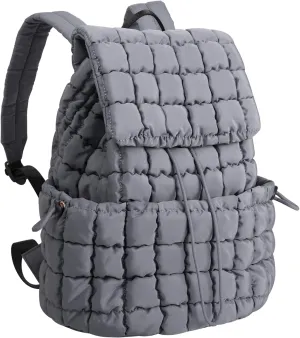 XSUIOY Quilted Backpack Purse for Women Small Lightweight Puffer Puffy College Laptop Backpack Nylon Casual Bookbag Daypack Top Flap Drawstring Padding Hiker Travel Gym Backpack(Grey)