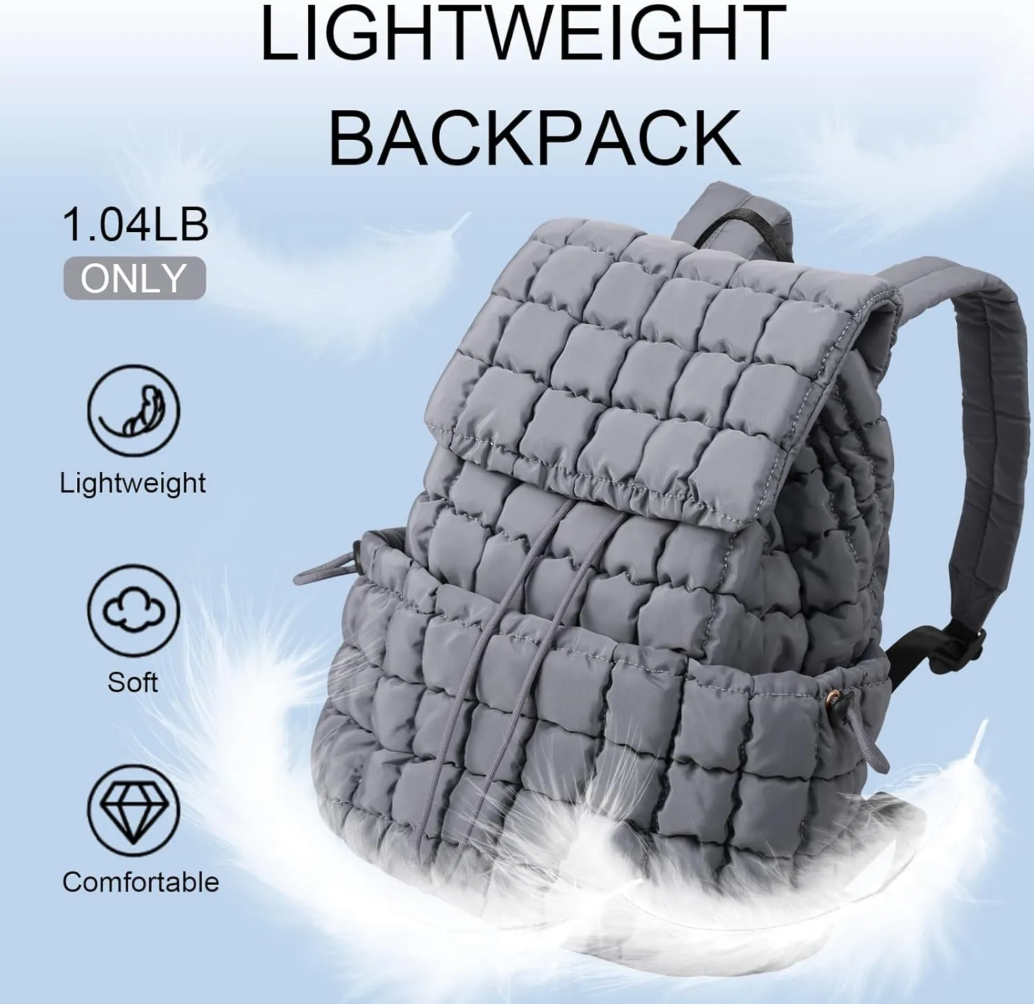 XSUIOY Quilted Backpack Purse for Women Small Lightweight Puffer Puffy College Laptop Backpack Nylon Casual Bookbag Daypack Top Flap Drawstring Padding Hiker Travel Gym Backpack(Grey)