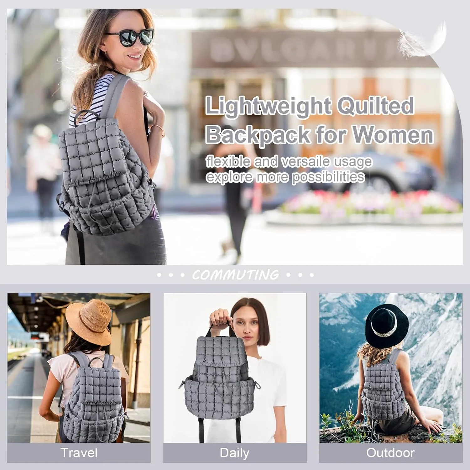 XSUIOY Quilted Backpack Purse for Women Small Lightweight Puffer Puffy College Laptop Backpack Nylon Casual Bookbag Daypack Top Flap Drawstring Padding Hiker Travel Gym Backpack(Grey)