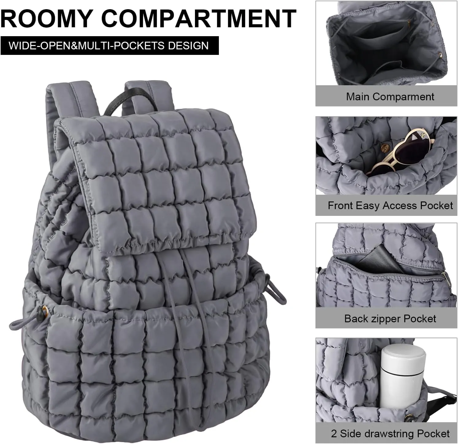 XSUIOY Quilted Backpack Purse for Women Small Lightweight Puffer Puffy College Laptop Backpack Nylon Casual Bookbag Daypack Top Flap Drawstring Padding Hiker Travel Gym Backpack(Grey)