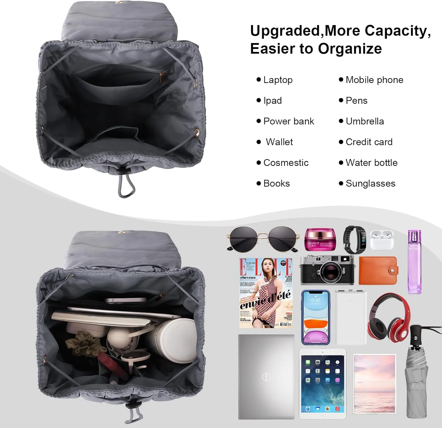 XSUIOY Quilted Backpack Purse for Women Small Lightweight Puffer Puffy College Laptop Backpack Nylon Casual Bookbag Daypack Top Flap Drawstring Padding Hiker Travel Gym Backpack(Grey)