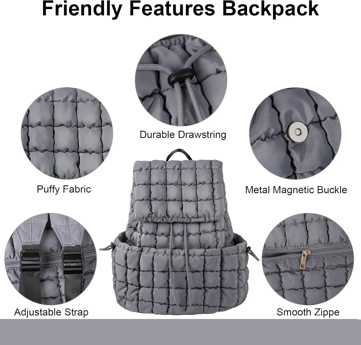 XSUIOY Quilted Backpack Purse for Women Small Lightweight Puffer Puffy College Laptop Backpack Nylon Casual Bookbag Daypack Top Flap Drawstring Padding Hiker Travel Gym Backpack(Grey)