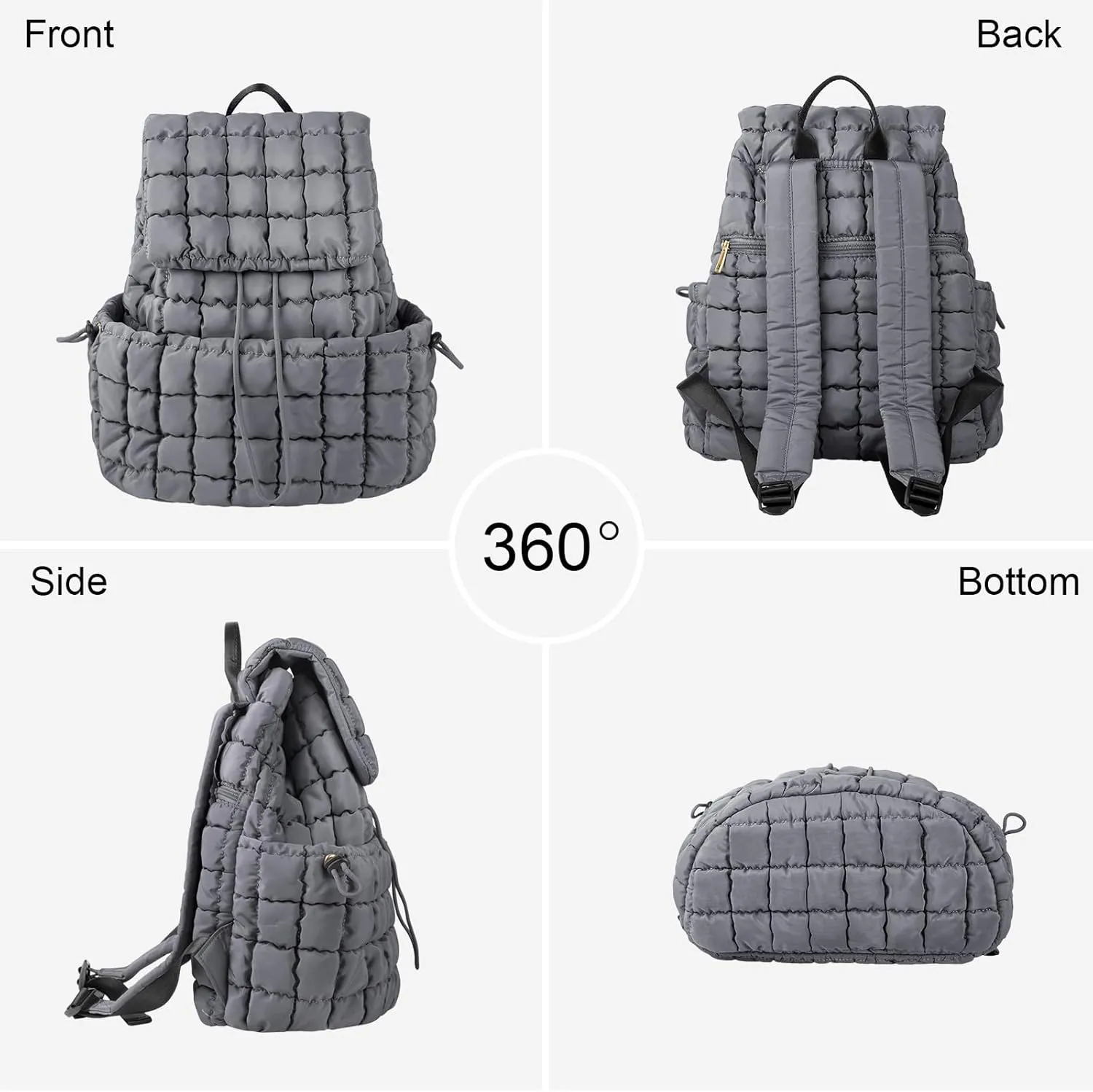 XSUIOY Quilted Backpack Purse for Women Small Lightweight Puffer Puffy College Laptop Backpack Nylon Casual Bookbag Daypack Top Flap Drawstring Padding Hiker Travel Gym Backpack(Grey)