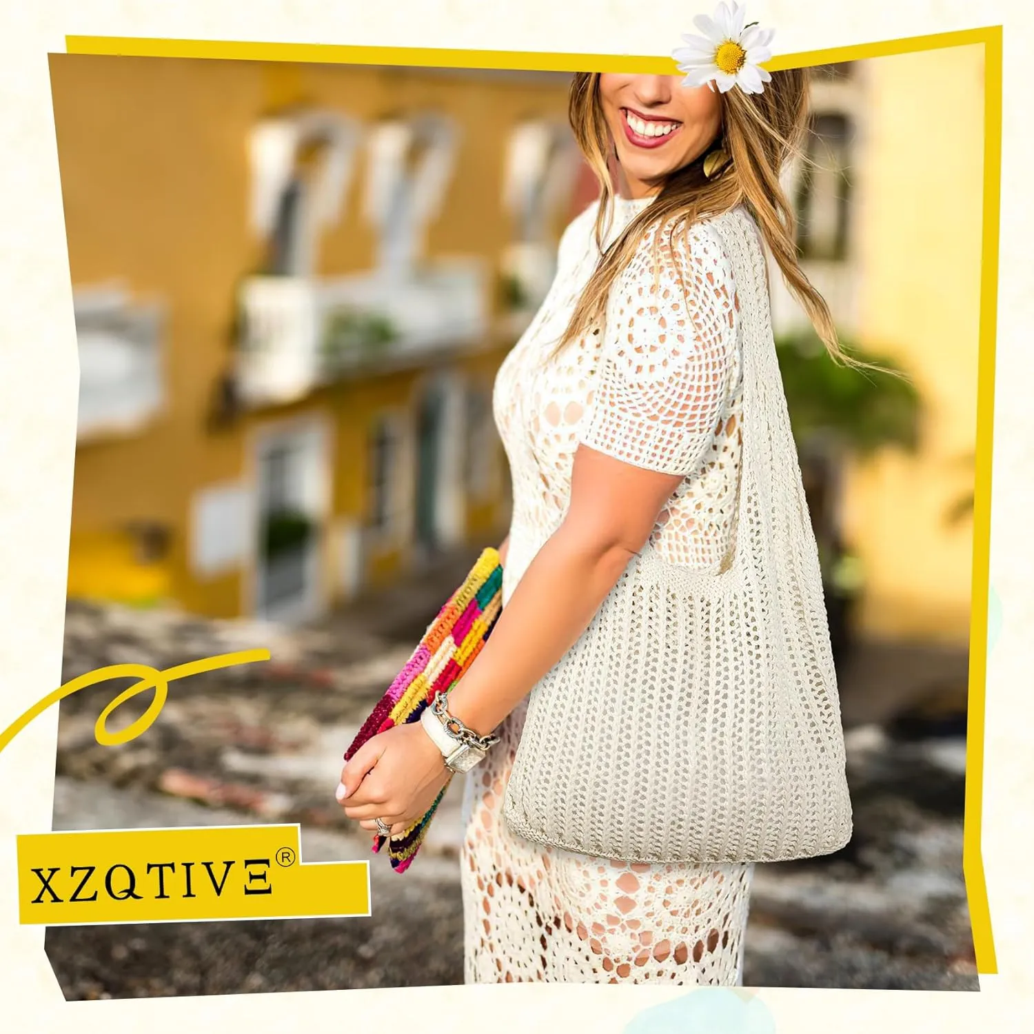 XZQTIVE Crochet Tote Bag for Women Mesh Beach bag for Summer Vacation Aesthetic Hobo Knit Shoulder Bag