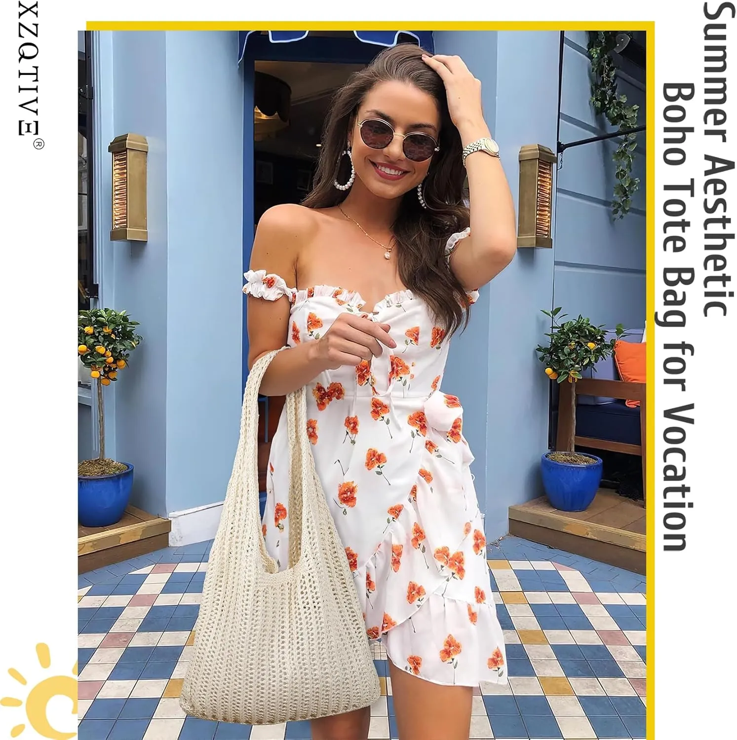 XZQTIVE Crochet Tote Bag for Women Mesh Beach bag for Summer Vacation Aesthetic Hobo Knit Shoulder Bag