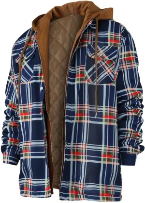 Ymosrh Hoodies for Men Quilted Lined Button Down Plaid Shirt Add Velvet to Keep Warm Jacket with Hood Mens Jackets