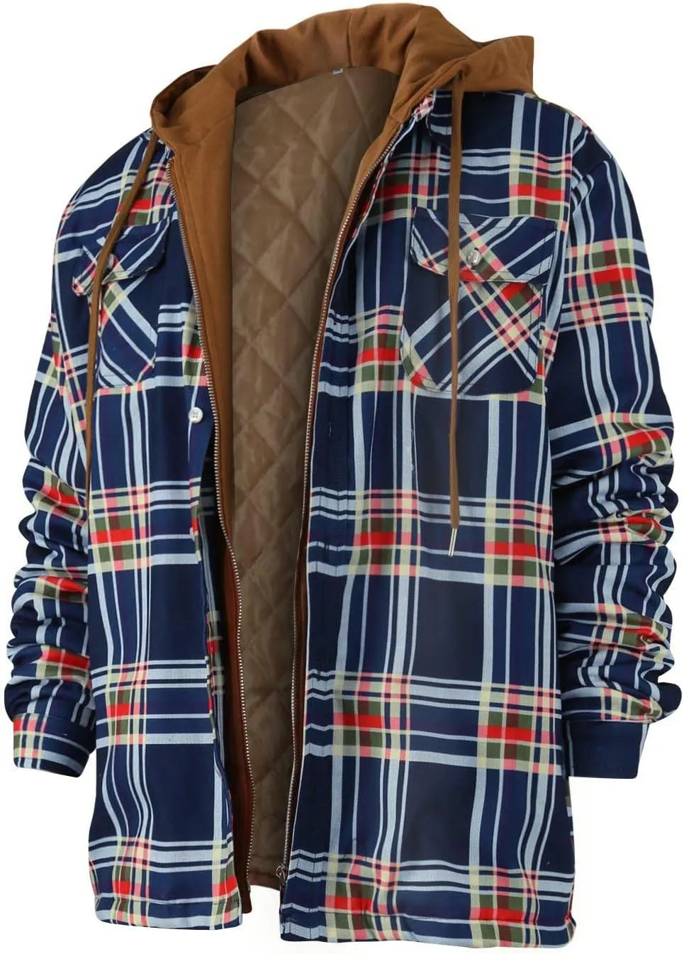 Ymosrh Hoodies for Men Quilted Lined Button Down Plaid Shirt Add Velvet to Keep Warm Jacket with Hood Mens Jackets