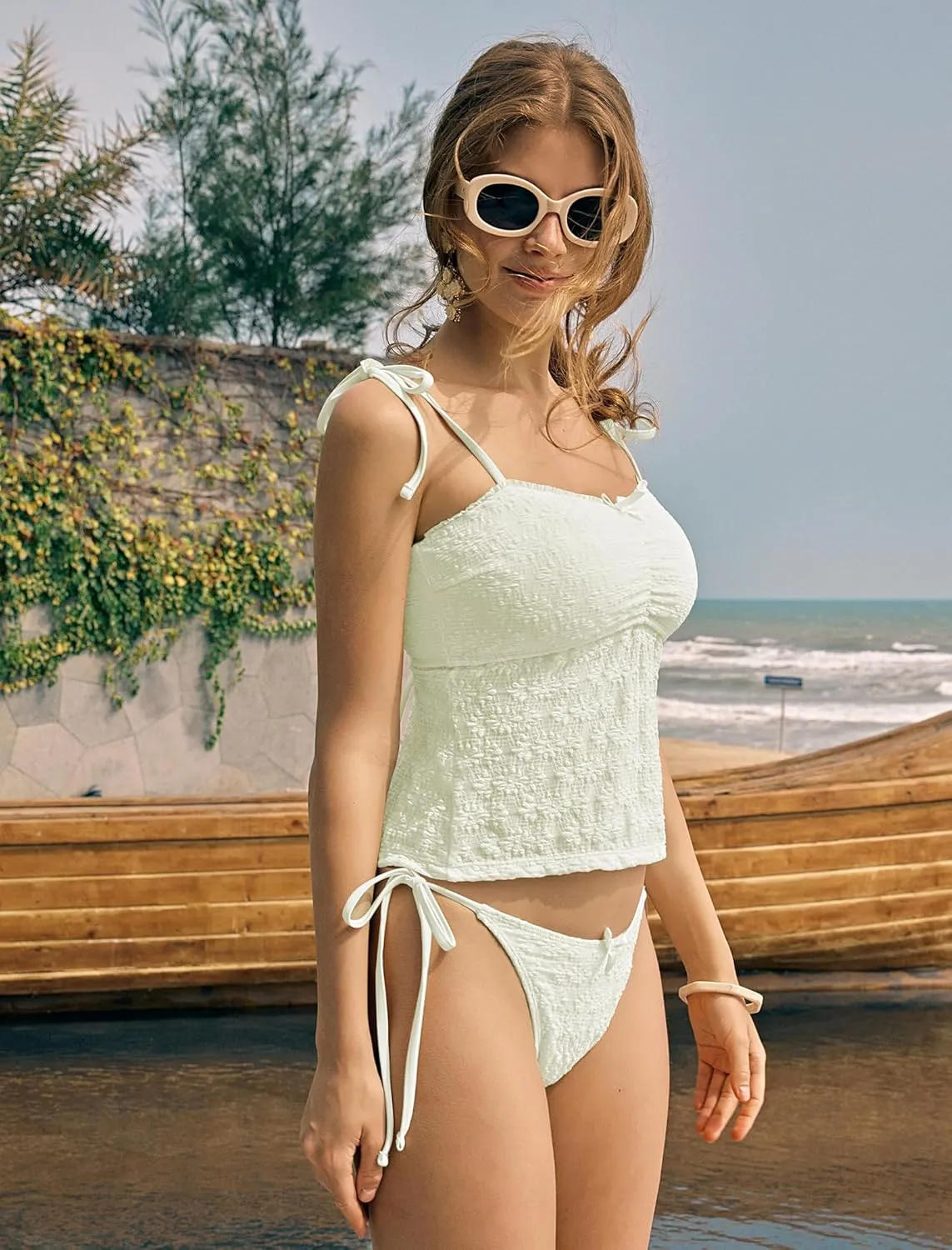 ZAFUL Tankini Swimsuits for Women Mesh Hollow-Out Tank Style Bow Knotted Decor Tie Side High Cut Tankini Set