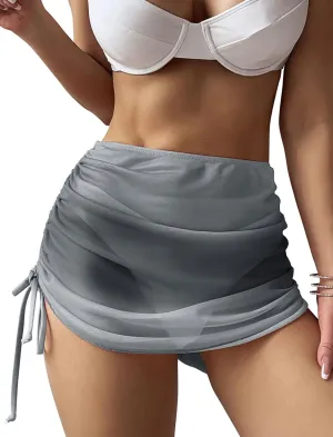 ZAFUL Women's Beach Cover Up Skirt Mesh Sheer Ruched Drawstring Short Swim Skirt Cover Ups for Swimwear