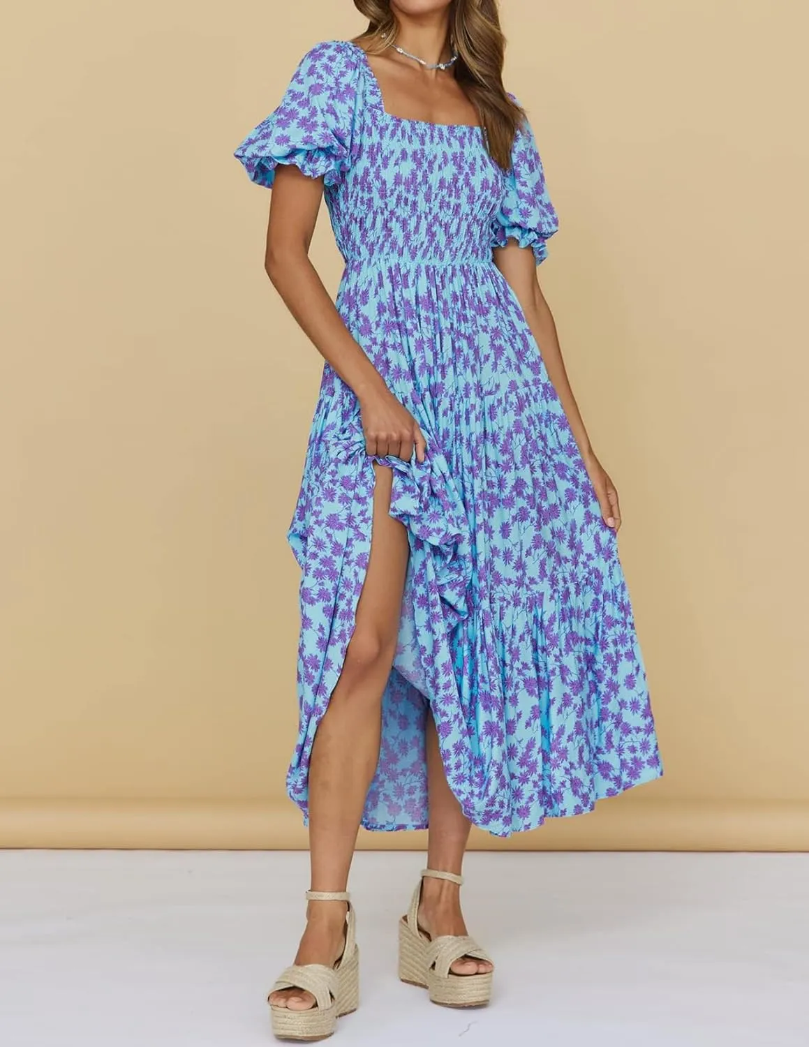ZESICA Women's 2025 Summer Boho Floral Print Square Neck Ruffle Swing Beach Long Maxi Dress