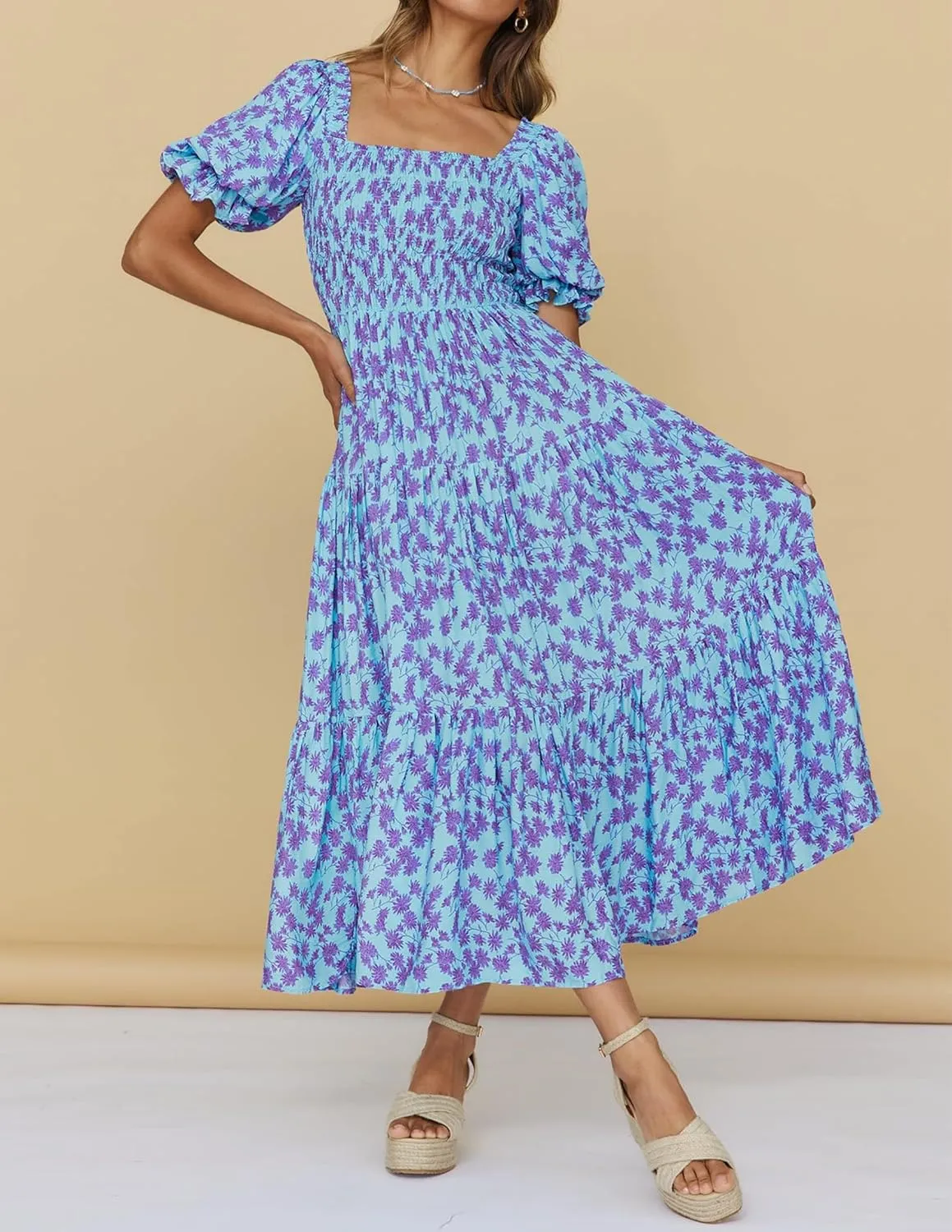 ZESICA Women's 2025 Summer Boho Floral Print Square Neck Ruffle Swing Beach Long Maxi Dress