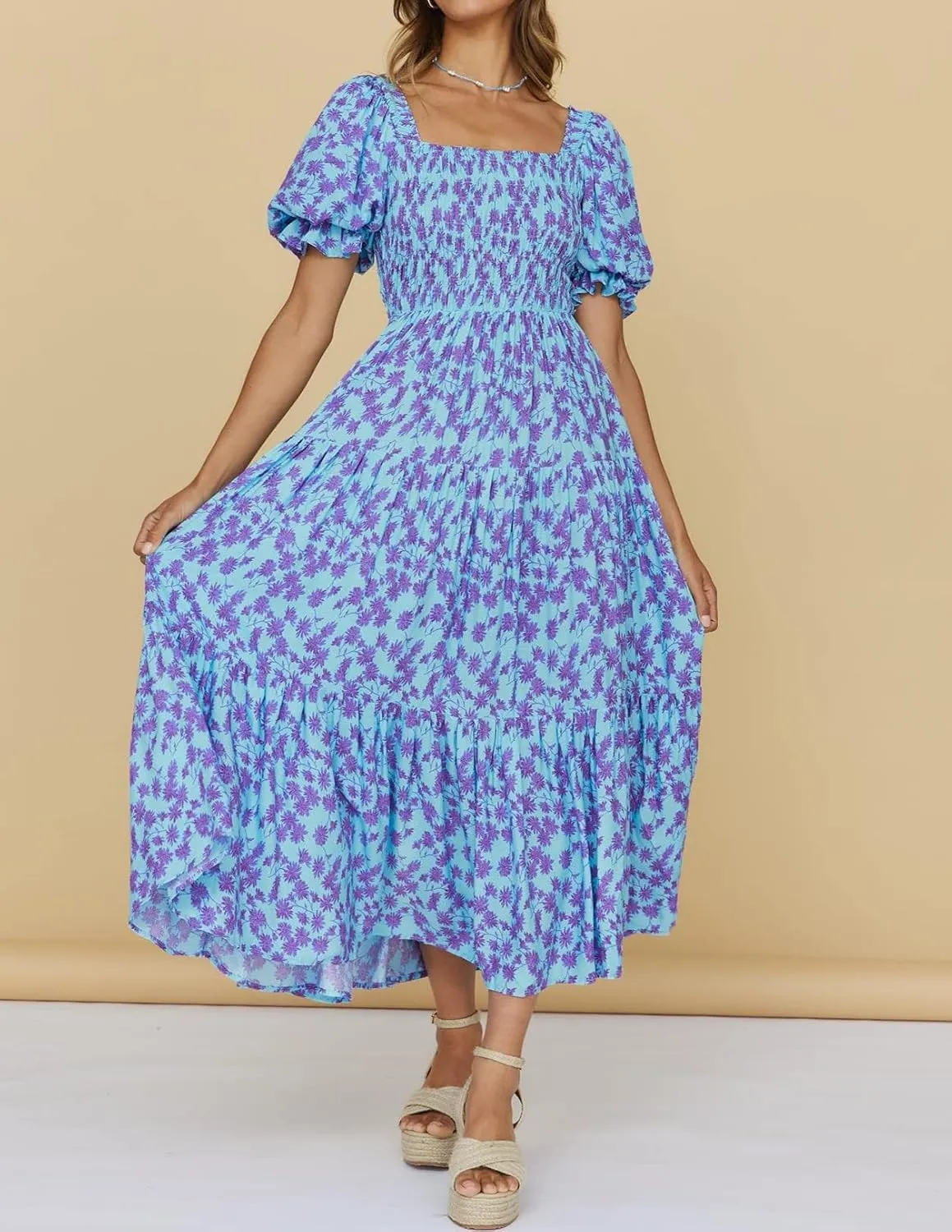 ZESICA Women's 2025 Summer Boho Floral Print Square Neck Ruffle Swing Beach Long Maxi Dress