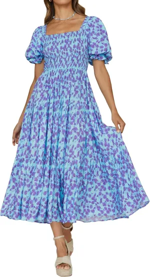 ZESICA Women's 2025 Summer Boho Floral Print Square Neck Ruffle Swing Beach Long Maxi Dress