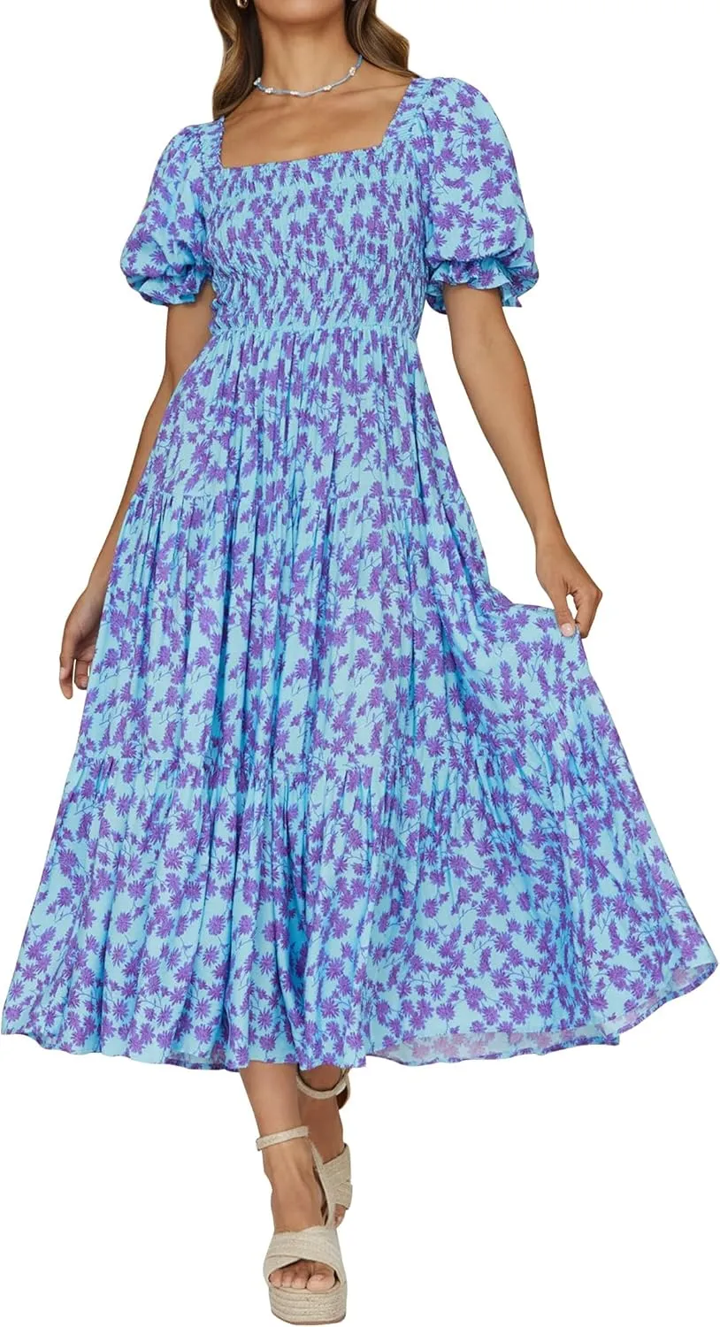 ZESICA Women's 2025 Summer Boho Floral Print Square Neck Ruffle Swing Beach Long Maxi Dress