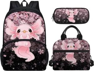 ZFRXIGN Flower Axolotl Backpack for Girls School Bags and Lunch Box Kids Schoolbag Primary Junior High School Bookbag Lunch Tote Pencil Case Pink Cherry Blossom Flower