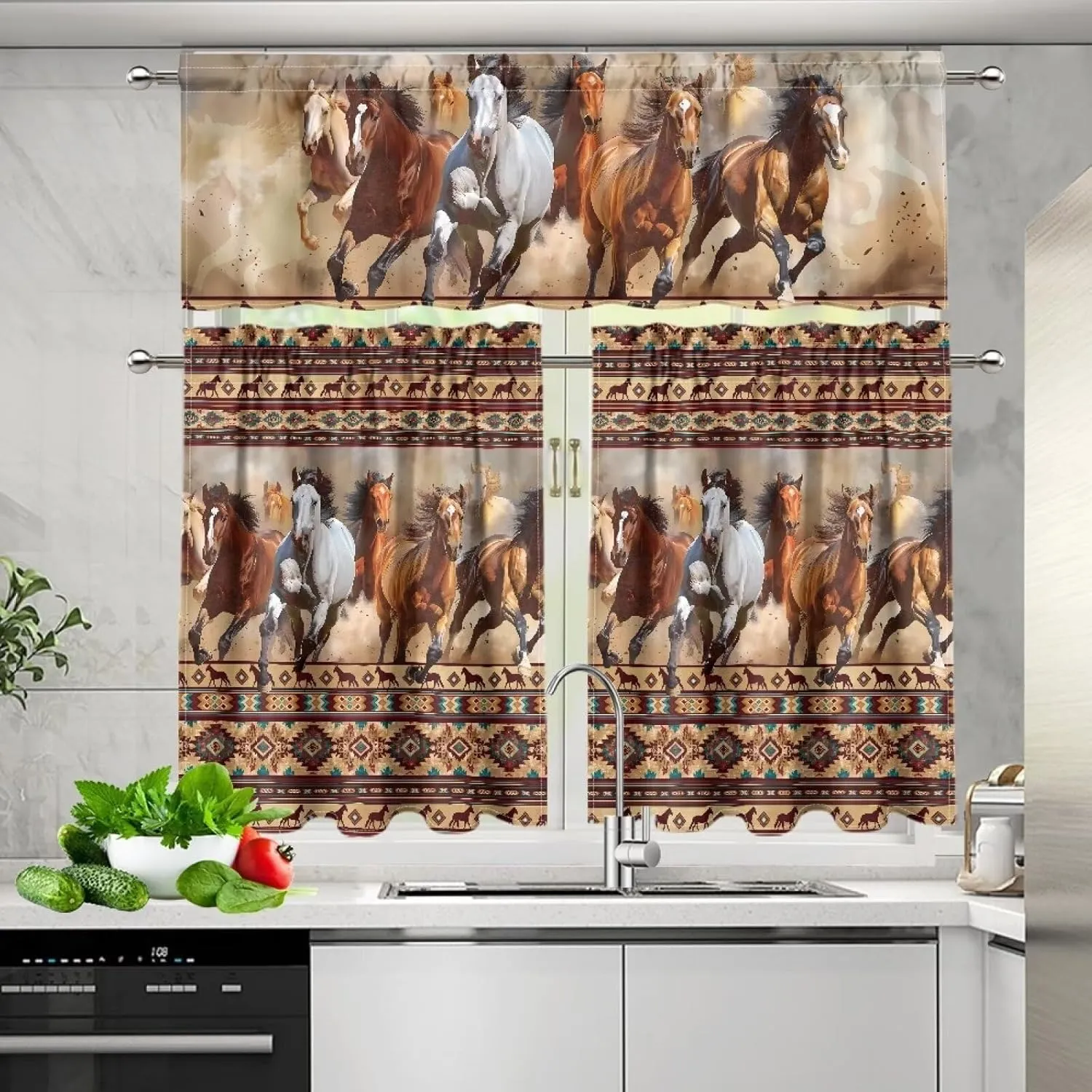 ZFRXIGN Western Aztec Horse Window Curtain and Valance Set for Home Kitchen Decor Medium Valances for Living Room Window Drapes 54 Inch Window Treatments 3 Piece Tribal Southwestern Boho