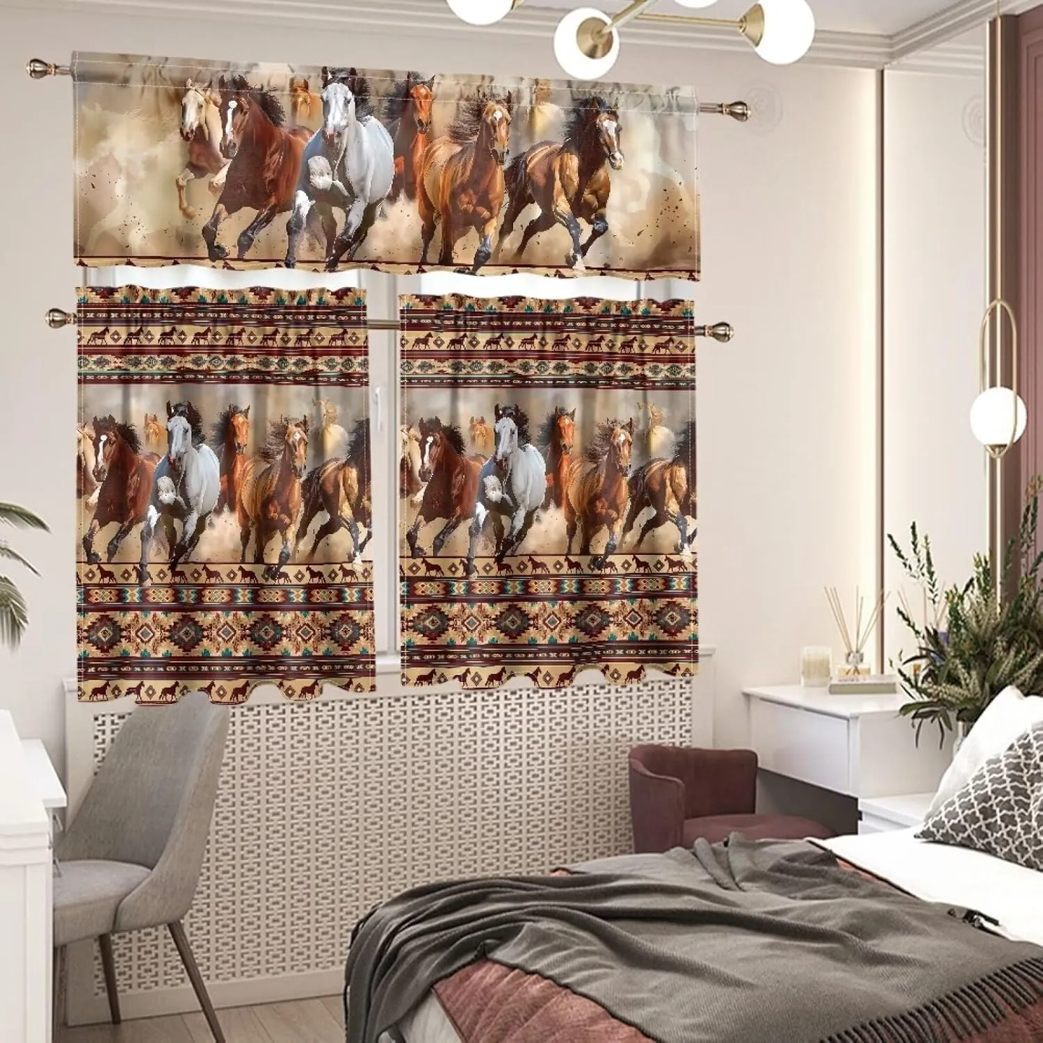 ZFRXIGN Western Aztec Horse Window Curtain and Valance Set for Home Kitchen Decor Medium Valances for Living Room Window Drapes 54 Inch Window Treatments 3 Piece Tribal Southwestern Boho