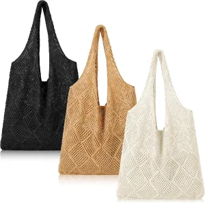 Zonon 3 Pcs Crochet Mesh Beach Tote Bag for Women Summer Hollow Woven Straw Bag Knitted Shoulder Handbags for Boho Aesthetic