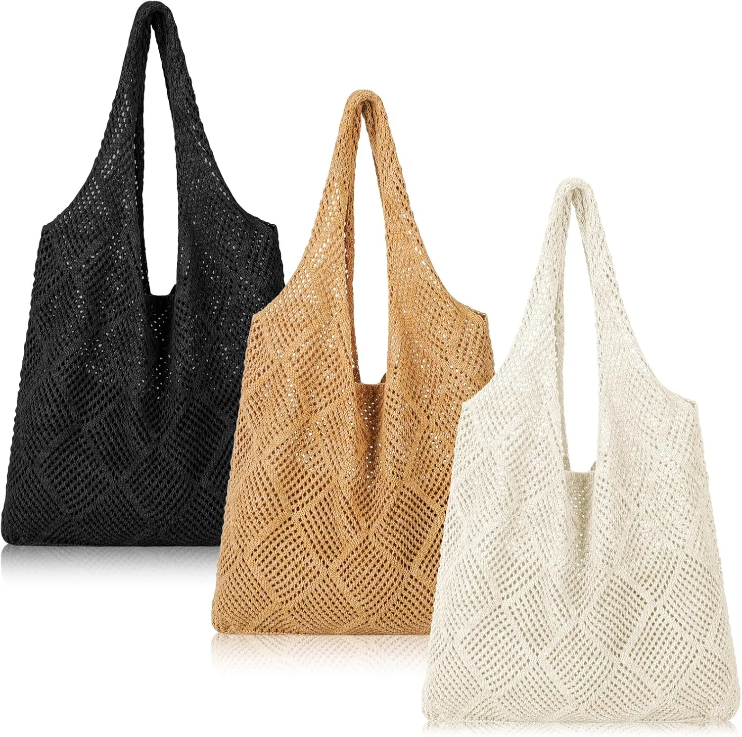 Zonon 3 Pcs Crochet Mesh Beach Tote Bag for Women Summer Hollow Woven Straw Bag Knitted Shoulder Handbags for Boho Aesthetic